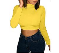 NAZ Fashion Girls Ladies Turtle Neck Crop Ladies Long Sleeve Plain Polo Short Stretch Top Yellow
