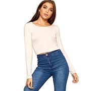 NAZ Fashion Womens Round Neck Long Sleeve Crop Cropped Stretch Top UK Size 8-14 Cream
