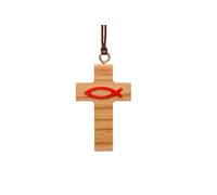 Nazareth Fair Trade Handcrafted Olive Wood Cross & Red Ichthys Pendant - Symbolic Christian Necklace from Nazaret, 1.8L" x 1W", Natural Olive Wood, Organic Cotton, No Gemstone