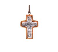 Nazareth Fair Trade Handmade Shepherd's Embrace Pope Francis Olive Wood Framed Metal Cross Pendant (Medium)
