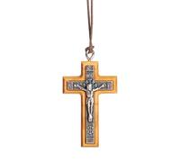 Nazareth Fair Trade Olive Wood Cross Metal Crucifix Necklace Handmade in Nazareth, Hanging Cord, Baptism Gift, Alpha Omega, Jesus Religious Christian Holy Land Jewelry