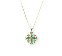 Nazareth Store 18k Yellow Gold Plated Crusaders Jerusalem Cross Pendant with Crystallized Blue Topaz and 20" Necklace Chain (Green)