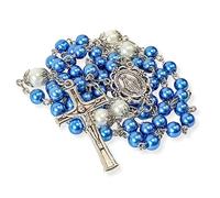 Nazareth Store 6mm Pearl-like Glass Rosaries with White Mystery Beads & Miraculous Medal | Includes Purple Velvet Bag - Stunning Prayer Beads for Spiritual Devotion (Blue)