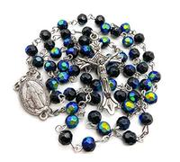 Nazareth Store Black Blue Rosary Beaded Necklace Multi Color Crystallized Glass Beads with Miraculous Medal and Jesus Cross Crucifix