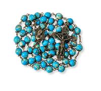 Nazareth Store Blue Jasper Beads Rosary Necklace Vintage Design Stone Beaded Rosary Holy Soil Medal & Cross Crucifix Religious Rosaries Terra Santa Collection, L, Stone, Jasper