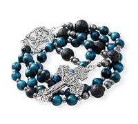 Nazareth Store Blue Tigers Eye Catholic Rosary Necklace for Men with Saint Medal & Our Father Cross Strong Men Catholic Gifts (Saint Michael)