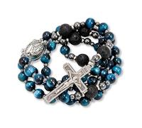 Nazareth Store Blue Tiger's Eye Rosary Beads for Men, Catholic Rosary Necklace with Lava Mystery Beads, Strong Rosary Cross Necklace in Portable Gift Box, One Size, Stone, No Gemstone