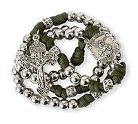 Nazareth Store Bronze Alloy Beads Green Paracord Rosary Beaded Necklace St Michael Medal Strong Metal 10mm Beads Our Father Catholic Rosary with Pardon Crucifix (Silver)