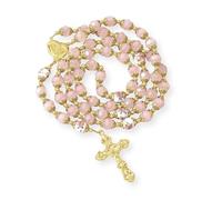 Nazareth Store Catholic Green Crystal Beads 10mm Gold Rosary Flowers Beaded Necklace Miraculous Heart Locket Medal & Cross Religious Women Men Amulet 21" in Velvet Bag (Pink)