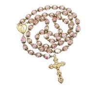 Nazareth Store Catholic Pink Crystal Beads Gold Rosary Flowers Beaded Necklace Holy Mary Heart Locket Medal & Cross Religious Amulet for Women