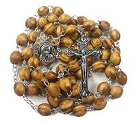 Nazareth Store Catholic Prayer Rosary Olive Wood Beads Necklace Holy Soil Medal & Metal Cross Velvet Gift Bag