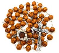 Nazareth Store Catholic Rosary Necklace Olive Wood Carved Beads With Jerusalem Soil & Crucifix in Round Gift Box