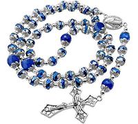 Nazareth Store Crystallized Blue 8mm Beads Rosary with Genuine Agate Stones Our Father Beads Miraculous Medal and Silver Cross
