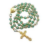 Nazareth Store Green Crystallized 10mm Beads Rosary with Ceramic Our Father Flower Beads Miraculous Heart Locket Medal & Cross