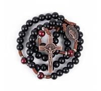 Nazareth Store Handmade Solid Wood Catholic Rosary Beads Black & Dark Red Wood Mystery Beads Prayer Necklace with Antique Copper Miraculous Medal & Crucifix Spiritual Warrior Gift for Men