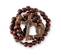 Nazareth Store Handmade Solid Wood Catholic Rosary Beads Dark Red & Olive Wood Mystery Beads Prayer Necklace with Antique Copper St. Benedict Medal & Crucifix Spiritual Warrior Gift for Men