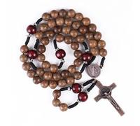Nazareth Store Handmade Solid Wooden Catholic Rosary Beads Olive & Dark Red Wood Prayer Necklace with Antique Copper Medal & Crucifix Spiritual Warrior Gift for Men, 20.6", Wood, No Gemstone