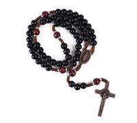 Nazareth Store Handmade Solid Wooden Catholic Rosary Beads Olive & Dark Red Wood Prayer Necklace with Antique Copper Medal & Crucifix Spiritual Warrior Gift for Men, 20.6", Wood, No Gemstone