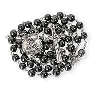 Nazareth Store Hematite Rosary Black Stone Beads Rosary Necklace Our Father Projection Prayer Medal St. Michael Centerpiece For Men, Women
