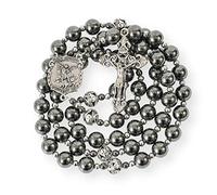 Nazareth Store Hematite Stone Beads Rosary Necklace with Metal Mystery Beads St. Michael Medal & Silver Cross Rosary for Men and Women
