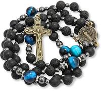 Nazareth Store Lava Stone Catholic Rosary Necklace for Men with Saint Benedict Medal & Crucifix Black Beads with Blue Tiger Eye Prayer Beads Rosary Gift Box Included