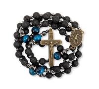 Nazareth Store Lava Stone Catholic Rosary Necklace for Men with Saint Michael Medal & Crucifix Black Beads with Blue Tiger Eye Prayer Beads Rosary Gift Box Included