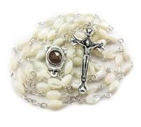 Nazareth Store Mother of Pearl Catholic Rosary Necklace, Natural White Shell Beads, Holy Soil Jerusalem Centerpiece, Silver Crucifix, 21” Five Decade Rosary, First Communion Confirmation Baptism Gift
