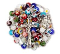 Nazareth Store Murano Glass Rosary Necklace Handmade Multicolor Millefiori Beads Rosario Holy Soil Medal and Cross Crucifix