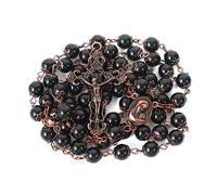 Nazareth Store Natural Stone Beads 8mm Rosary Necklace Antique Copper Design Holy Soil Medal & Cross in Velvet Bag - Catholic Rosaries Terra Santa Jerusalem Collection (Black Obsidian)