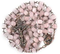 Nazareth Store Natural Stone Beads 8mm Rosary Necklace Antique Copper Design Holy Soil Medal & Cross in Velvet Bag - Catholic Rosaries Terra Santa Jerusalem Collection (Rose Quartz)