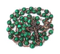 Nazareth Store Natural Stone Beads 8mm Rosary Necklace Antique Copper Design Holy Soil Medal & Cross in Velvet Bag - Catholic Rosaries Terra Santa Jerusalem Collection (Green Malachite)