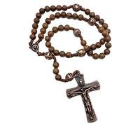 Nazareth Store Our Father Wood Rosary Beads Necklace with Beautiful Large Antique Cross Crucifix
