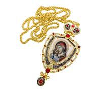 Nazareth Store Pectoral Cross Wooden Jesus Face Crucifix Pendant Icon Blue Crystallized Stones Elements Christian Priest Bishop Necklace 23" (Holy Mary Pectoral Cross Red Crystals)