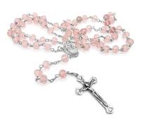 Nazareth Store Pink Crystal Catholic Rosary Necklace, Faceted Glass Prayer Beads, Jerusalem Holy Soil Centerpiece, Silver Tone Jesus Crucifix, 22” Rosary for Women, First Communion Baptism Gift