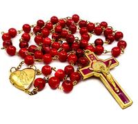 Nazareth Store Red Coral Beads Rosary Necklace Catholic Saint Benedict Chaplet Heart Locket Medal & Cross Religious Amulet for Women and Men - Velvet Bag