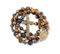 Nazareth Store Rosary Beads for Men, Catholic Rosary Necklace with Miraculous Medal and Cross, Tiger Eye Beads Strong Cross Necklace in Portable Gift Box