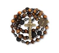 Nazareth Store Rosary Beads for Men, Catholic Rosary Necklace with Miraculous Medal and Cross, Tiger Eye Beads Strong Cross Necklace in Portable Gift Box (St. Benedict)
