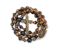 Nazareth Store Rosary Beads for Men, Catholic Rosary Necklace with Miraculous Medal and Cross, Tiger Eye Beads Strong Cross Necklace in Portable Gift Box (Saint Michael)