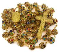 Nazareth Store Rosary with Colorful Crystal Beads - Gold Catholic Rosary - Miraculous Medal and Large Cross Crucifix, 21" Glass, No Gem