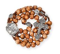 Nazareth Store Sacred St Michael Wood Beads Rosary Solid Wooden Prayer Chaplet with Cross Saint Medal & Silver Pardon Crucifix