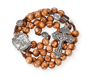 Nazareth Store Sacred St Michael Wood Beads Rosary Solid Wooden Prayer Chaplet with Cross Saint Medal & Silver Pardon Crucifix