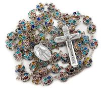 Nazareth Store Silver Catholic Rosary with Colourful Cubic Zirconia Crystal Beads with Multicoloured Miracle Activity Cross Medal in Velvet Pouch