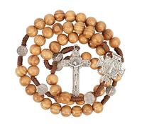 Nazareth Store St.Benedict Wood Beads Rosary Necklace Solid Wooden Prayer with Saint Medal & Silver Jesus Crucifix