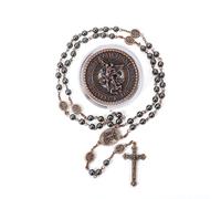 Nazareth Store St Michael Rosary Hematite Stone Beads Necklace Metal Beaded Glory Beads Archangel Medal & Cross with Metal Gift Box