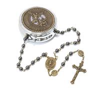 Nazareth Store St Michael Rosary Hematite Stone Beads Necklace Metal Beaded Glory Beads Archangel Medal & Cross with Metal Gift Box (Bronze | Jesus Cross)