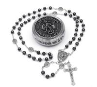 Nazareth Store St Michael Rosary Hematite Stone Beads Necklace Metal Beaded Glory Beads Archangel Medal & Cross with Metal Gift Box