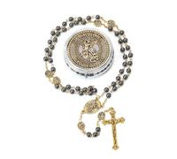 Nazareth Store St Michael Rosary Hematite Stone Beads Necklace Metal Beaded Glory Beads Archangel Medal & Cross with Metal Gift Box (Gold | Jesus Cross)