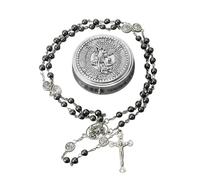 Nazareth Store St Michael Rosary Hematite Stone Beads Necklace Metal Beaded Glory Beads Archangel Medal & Cross with Metal Gift Box
