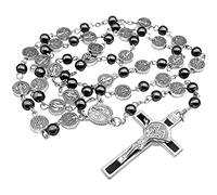 Nazareth Store ST Saint Benedict Hematite Rosary Metal Beads Catholic Necklace Stainless Medal and Cross Holy Prayer Rosaries For Men Women