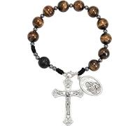 Nazareth Store Tiger Eye Beads One Decade Rosary Handmade Pocket Car Mirror with Saint Joseph Medal and Jesus Cross in Antique Silver Volcanic Stone Travel Friendly Rosary, One Size, Stone, No